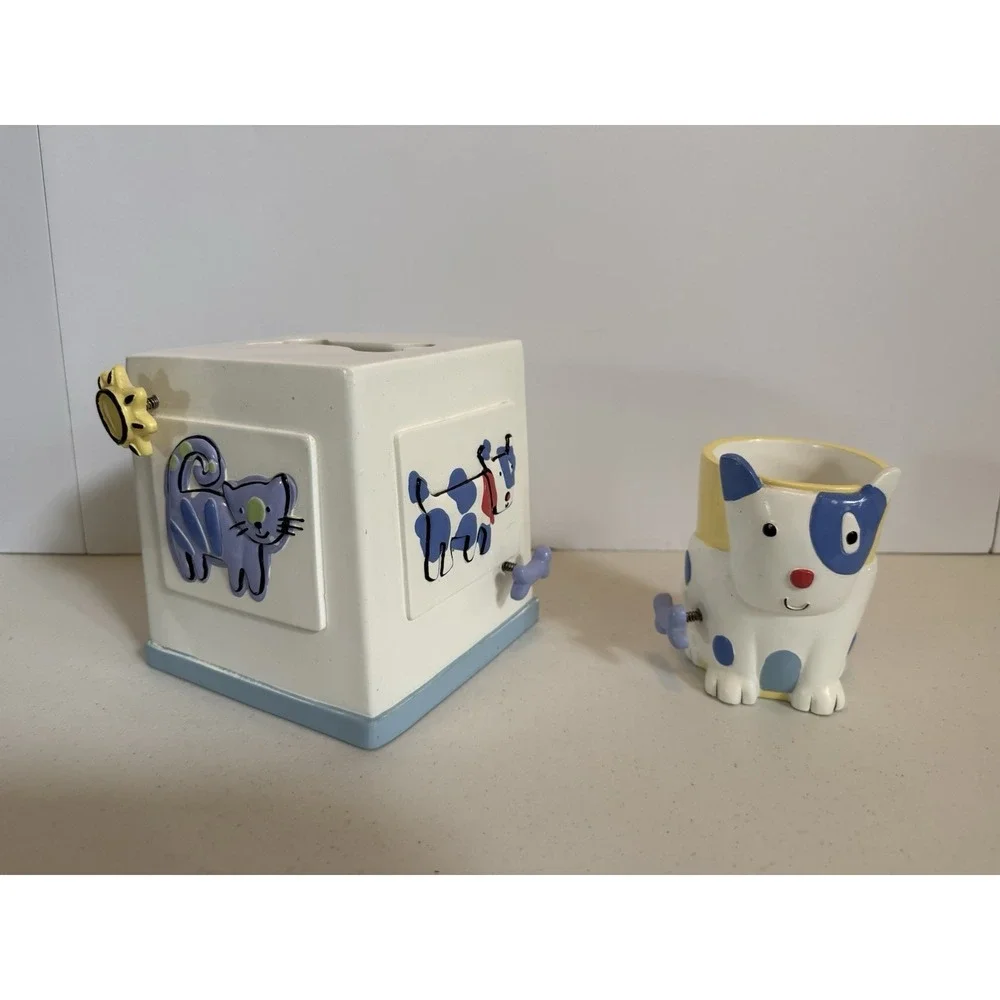 Jenny Jeff Designs Cats and Dogs Tissue Box Holder and Cup Bathroom decor
